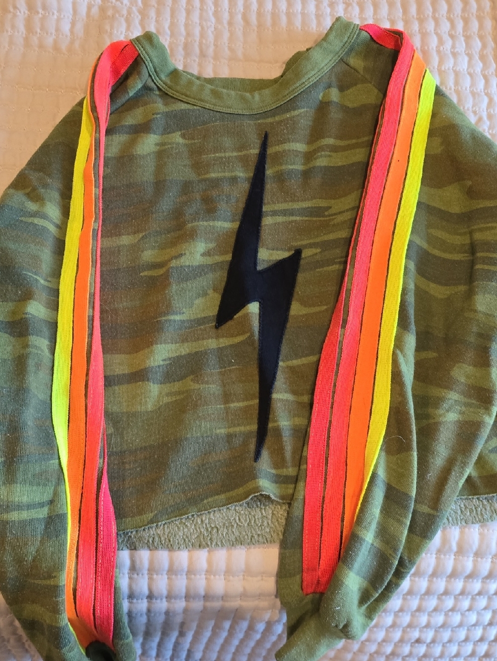Aviator Nation Olive Camo Sweatshirt with Neon Stripe Accents